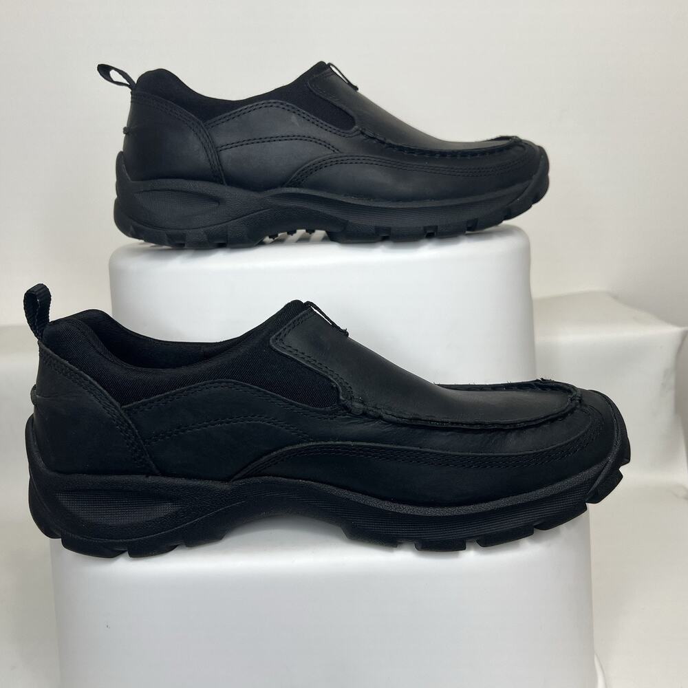 Lands End Mens 9.5 D Black Leather Slip On Shoes Moc Toe Comfort Lug Sole